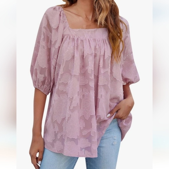 Women's Square Neck Ruffled Balloon Sleeve Loose Fit Flowy Floral Blouse - NWOT - Picture 2 of 6